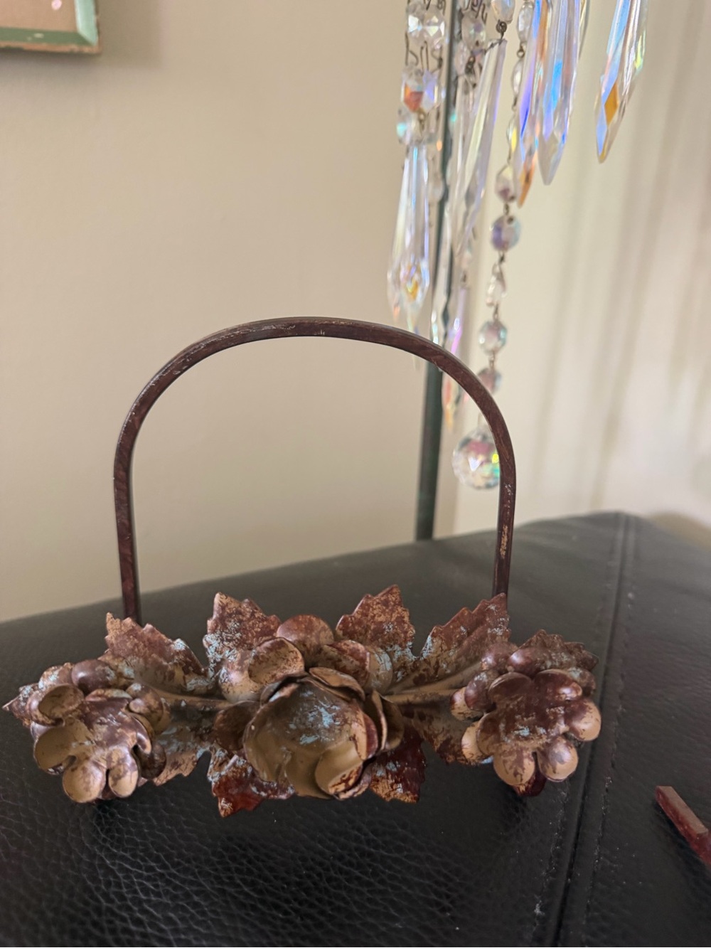 Vintage French Deco Tole style metal stand with roses- great patina!